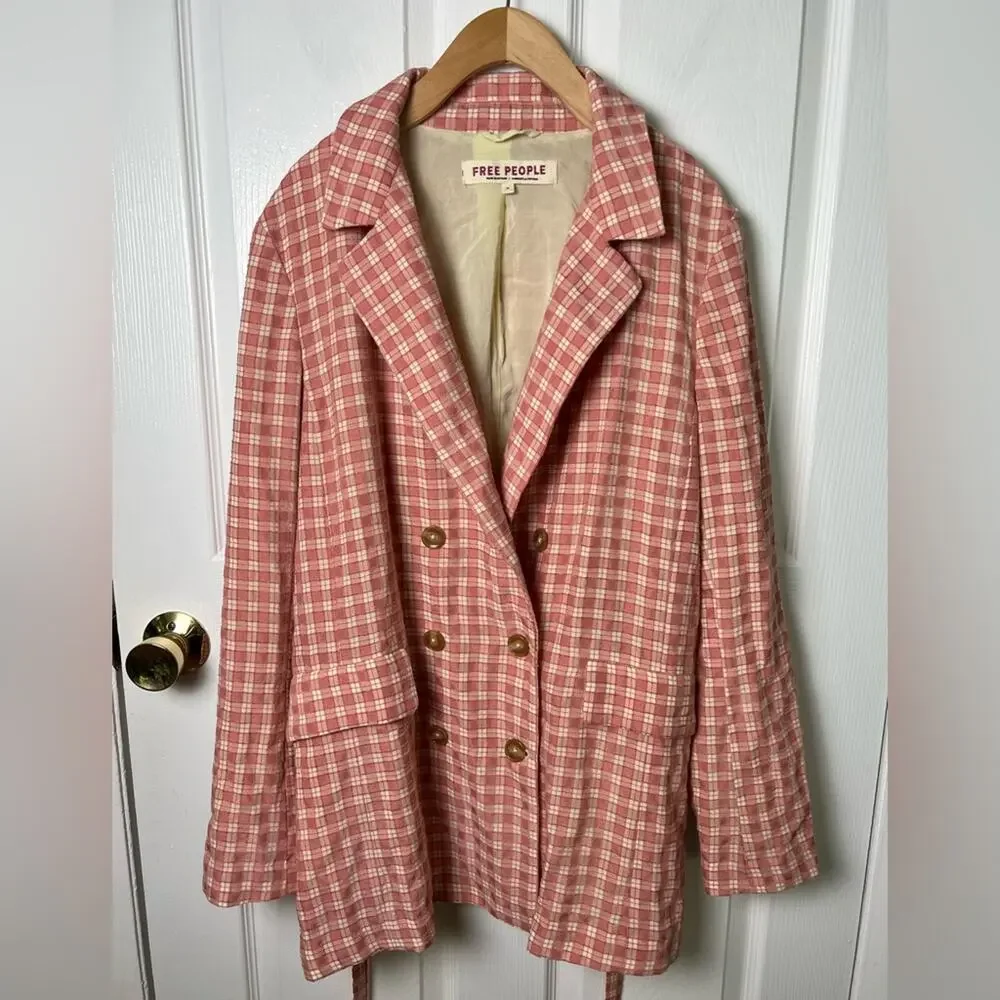 Free People Pink Cream Long Sleeve Button Waist Tie Olivia Gingham Blazer M